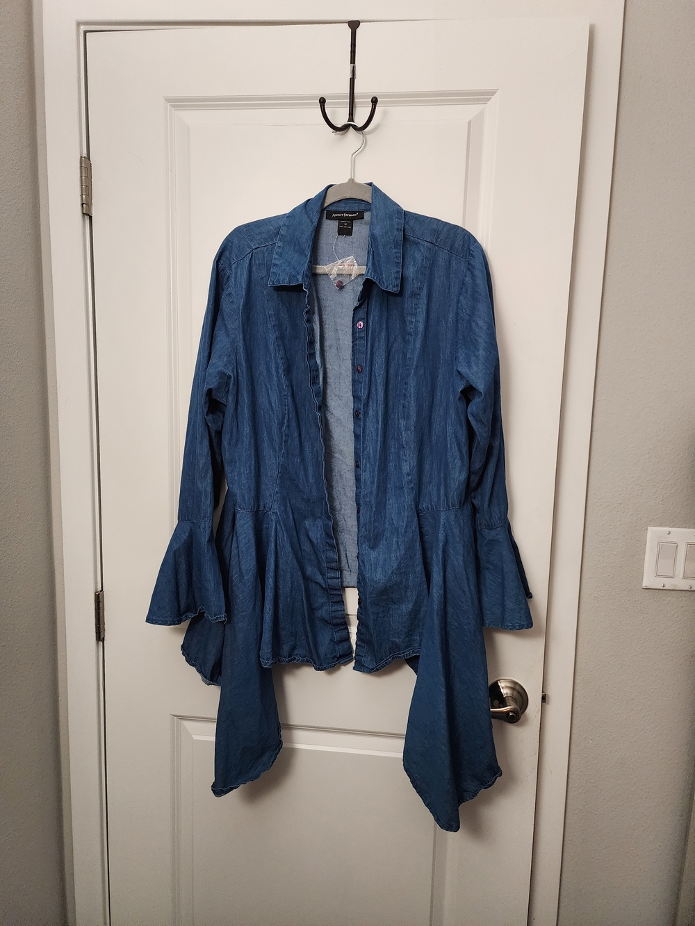 Ashley Stewart Blue  Denim Chambray  Ruffle-Hem  Button Top